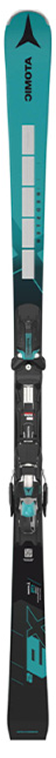 Teal und schwarz Atomic - RedsterX9S Revoshock Ski mit montierter Bindung, von oben gesehen.