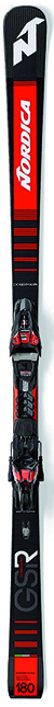 Ein einzelner schwarzer und roter Ski mit Bindungen und dem Aufdruck PHANTOM.