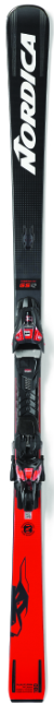 Ein einzelner schwarzer und roter Nordica-Ski mit Bindungen und auffälligem weißen Branding.