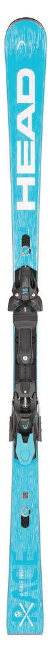 Ein blauer HEAD-Ski mit schwarzer Bindung, weißem Branding und Designdetails.