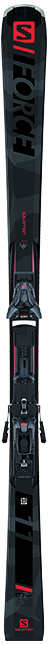 Schwarz-roter Ski mit aufgesetzter Bindung in modernem, geometrischem Design.