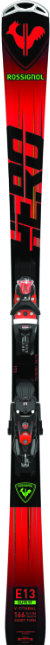 Rot-schwarzer Rossignol-Ski mit Bindung und grünem Logo an der Spitze.