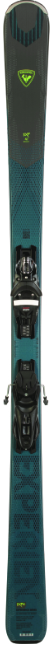 Blau-schwarzer Ski mit Bindung, mit grünem Logo im oberen Bereich.