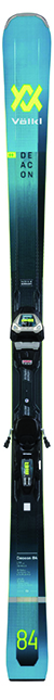 Ein blauer Volkl Deacon 84 Ski mit Bindung, von oben gesehen.