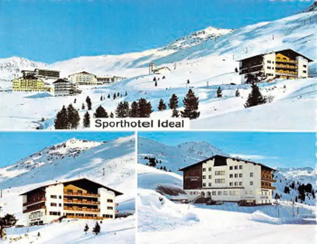 Drei Hotelgebäude auf verschneiten Hängen, die Familie Riml Geschichte, Sporthotel Ideal widerspiegeln.