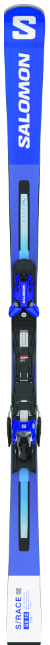 Blauer Salomon-Ski mit Bindung, der das Salomon-Logo und die Modellangaben zeigt.