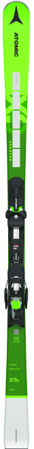 Ein grüner Atomic-Ski mit schwarzer Bindung und weißen Details, von oben gesehen.