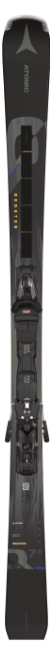 Ein schwarzes Snowboard mit angebrachten Bindungen, von oben gesehen.