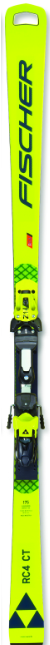 Ein neongelber Fischer-Ski mit schwarzer Bindung und blauem Fischer-Logo.