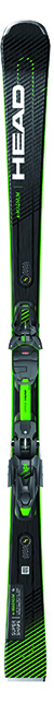Schwarz-grüner Head-Ski mit Bindung, von oben gesehen.
