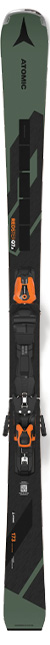 Ein Atomic - Redster Q7.8 grün-schwarzer Ski mit orange-schwarzer Bindung, von oben gesehen.