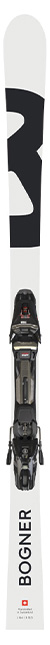 Weißer Bogner - Beast 2.0 Ski mit auffälligem schwarzen Design, angebrachter Bindung und Branding an der Spitze.