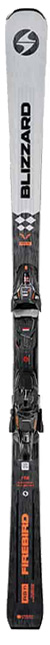Ein einzelner Blizzard Firebird S TI Ski mit schwarzem, weißem und orangem Design und montierten Bindungen.