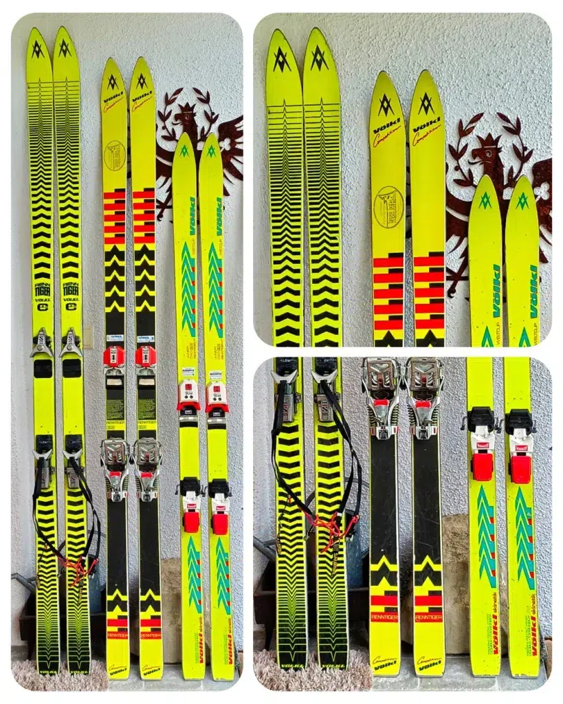 Vier Paar neongelbe Skier, perfekt für jeden Skiinfluencer, die aufrecht an einer Wand stehen.
