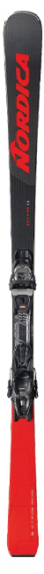 Rot-schwarzer Ski mit Bindung, inspiriert von Nordica - Spitfire CA Performance und Style.