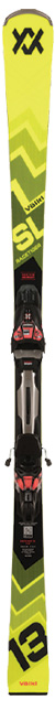 Gelber und schwarzer Völkl Racetiger SL Ski mit Bindung, auffälligen geometrischen Mustern und Logo.