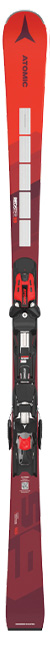 Atomic Redster G9 Revoshock Ski in Rot und Schwarz mit weißen Streifen, montierte Bindung, vertikal dargestellt.