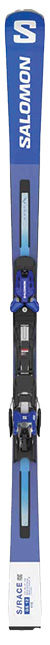 Ein blau-weißer Salomon X S/Race GS-Ski mit befestigter Bindung, von oben gesehen.