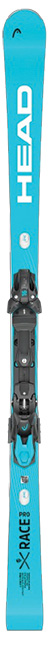 Blauer HEAD - WC Rebels e-Race Pro Ski mit schwarzer Bindung und weißem Branding auf der Oberseite.