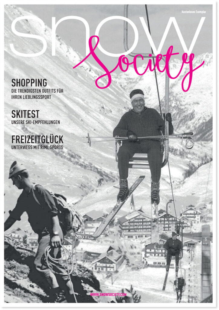 Klassische Skiliftszene in verschneiten Bergen, die den Geist der Snow Society einfängt.