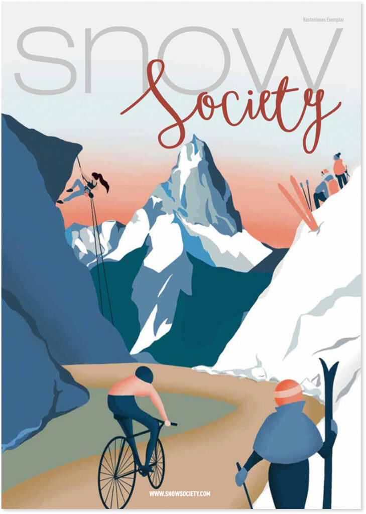 Radfahrer, Skifahrer und Bergsteiger in verschneiten Gipfeln unter dem Titel Snow Society.