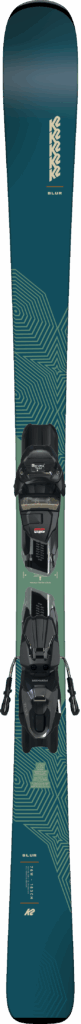 Green and blue snowboard with geometric patterns and black bindings attached.