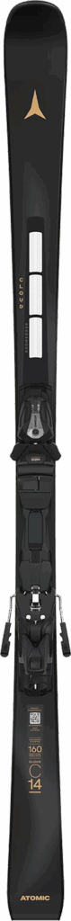 Black Atomic ski with bindings, gold logo, and model details visible on the surface.
