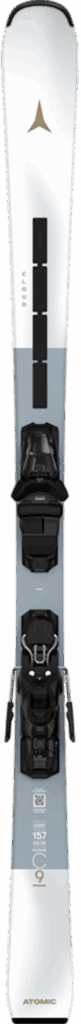 Atomic ski with blue, white, and black design, featuring bindings and a gold logo at the top.