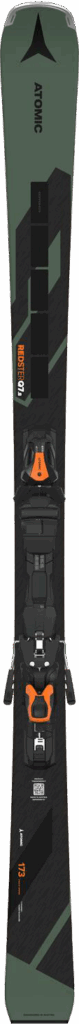 Olivgrüner und schwarzer Ski mit orange-schwarzer Bindung, von oben gesehen.