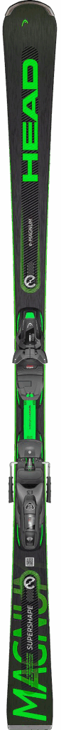 Schwarz-grüner Ski mit auffälliger Grafik und montierter Bindung, von oben gesehen.