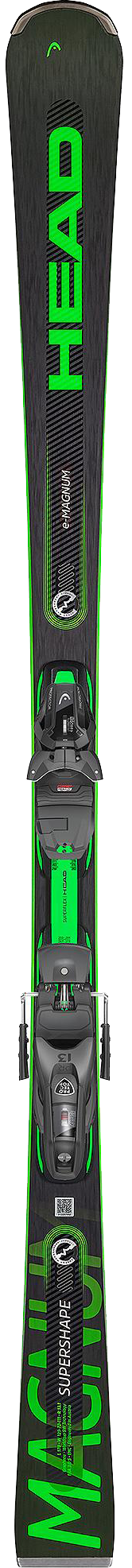 Schwarz-grüner Ski mit auffälliger Grafik und montierter Bindung, von oben gesehen.