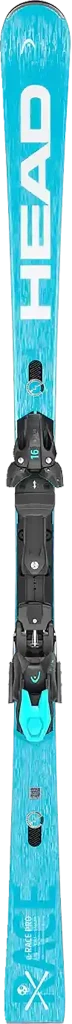 Blauer HEAD-Ski mit weißem Logo und schwarzer Bindung, von oben gesehen.