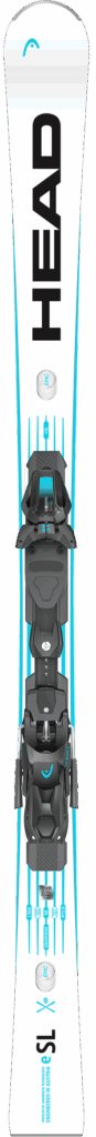 Ein weißer Head-Ski mit schwarzer Bindung und blauen Akzenten, von oben gesehen.