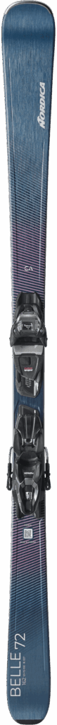 A blue and purple snowboard with black bindings, shown from above.