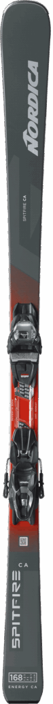 Ein grauer und roter Nordica-Ski mit angebrachten schwarzen Bindungen, von oben gesehen.