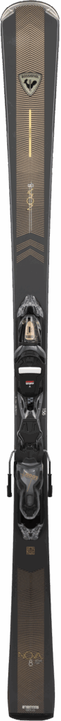 A single black ski with attached bindings and gold geometric designs on its surface.