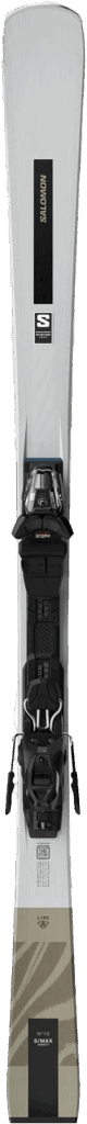 Top view of a single alpine ski with mounted black binding on a white and gray background.