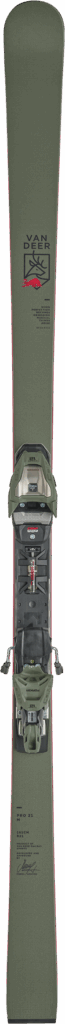 Olivgrünes Snowboard mit Bindungen, roten Kanten und schwarzem Text und Grafiken auf der Oberfläche.