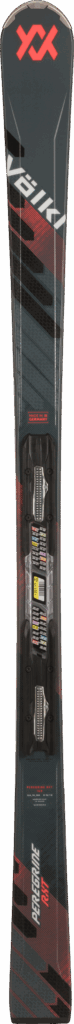 Schwarzer und roter Volkl-Ski mit Bindung, mit auffälliger Grafik und Branding.