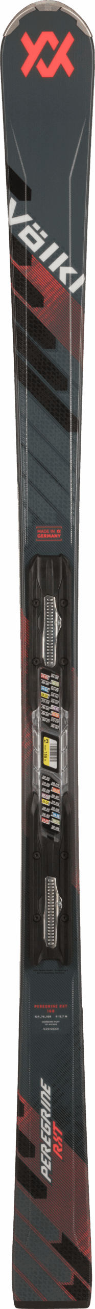 Schwarzer und roter Volkl-Ski mit Bindung, mit auffälliger Grafik und Branding.
