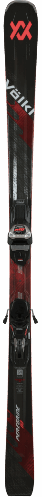 Schwarz-roter Alpin-Ski mit Bindungen und geometrischem Muster, sichtbares Völkl Branding.