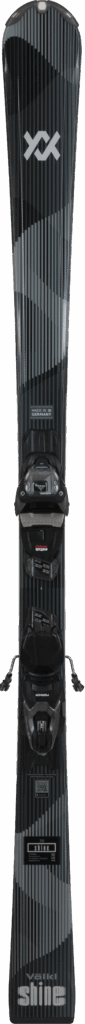Black and gray patterned snowboard with attached bindings, viewed from above.
