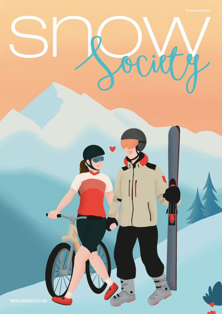 Ein Snow Society-Paar in Winterkleidung steht zusammen, der eine mit einem Fahrrad, der andere mit Skiern.