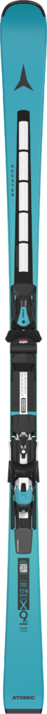 Atomic Redster X9S-Ski in Blaugrün und Schwarz mit vormontierter Bindung.